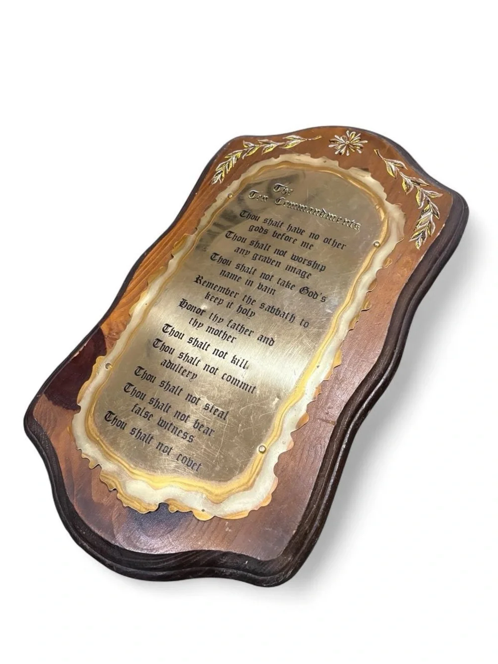 Vintage Wooden Ten Commandments Wall Plaque Brass Metal Plate Floral Accents 19